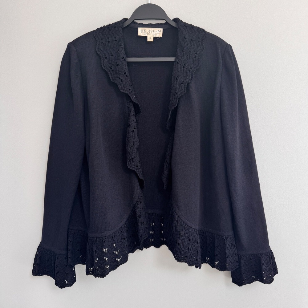 St.‎ John Collection Vintage Knit Cardigan Crochet Trim Ruffle Black Size 12